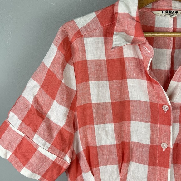 Boden Louise Midi Shirt Dress Womens US 10 Coral Plaid Check 100% Linen - Picture 3 of 7